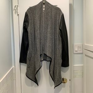 Jamie 2X fashionable light weight blazer-cardigan with leatherette sleeves.